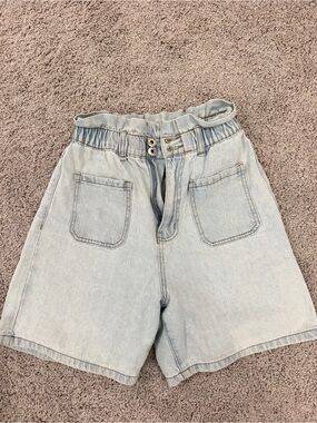 High-Rise Light Blue Paperbag Denim Shorts
